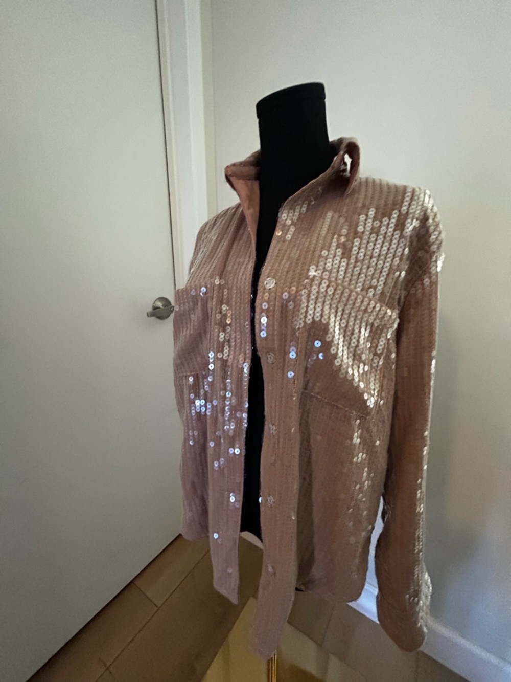 JLuxLabel Women's Sequin Elowen Oxford Button Down  Tan Long Sleeve Shirt NWT M